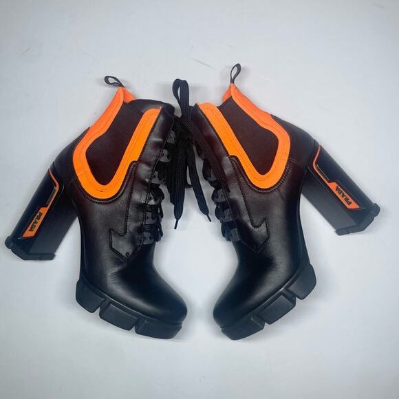 Prada Neon Orange Black Leather Neoprene Lace Up Chelsea Ankle Boot EU 41.5 - Picture 3 of 15